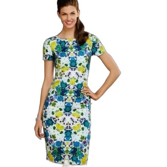 Talbots Dress Linen Cotton Lined Sheath Purple Mirrored Floral Short‎ Sleeve 4 P - Picture 1 of 13